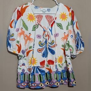 CeCe Multi-Color Print Puff Sleeve V-Neck Tie Front Peplum Blouse Size Large